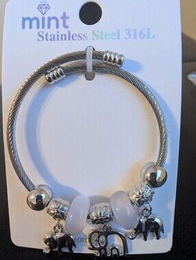 Mint Stainless Steel Cable Bracelet with Clear Accents and Elephant Charms